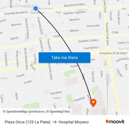 Plaza Once (129 La Plata) to Hospital Moyano map