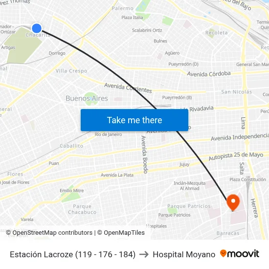 Estación Lacroze (119 - 176 - 184) to Hospital Moyano map