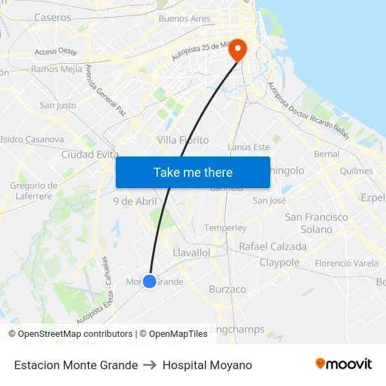 Estacion Monte Grande to Hospital Moyano map
