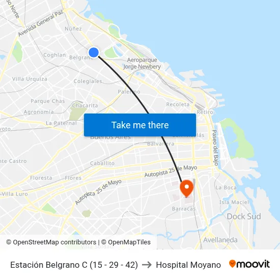 Estación Belgrano C (15 - 29 - 42) to Hospital Moyano map