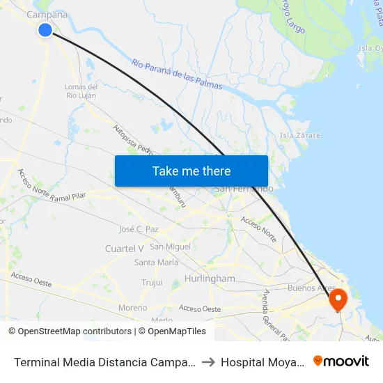 Terminal Media Distancia Campana to Hospital Moyano map