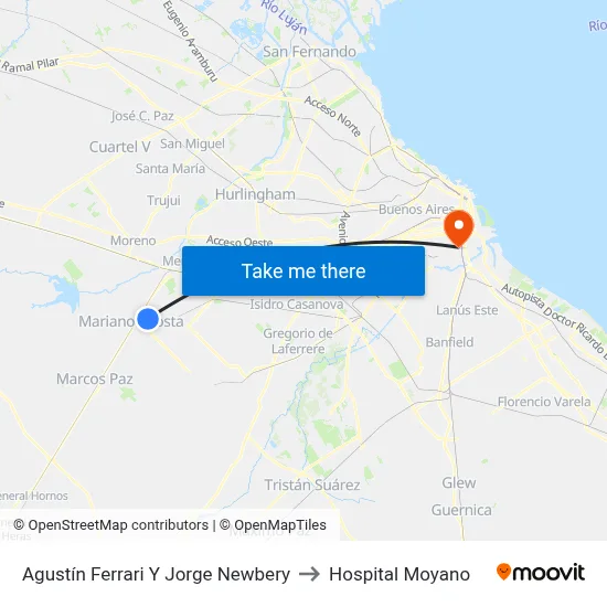 Agustín Ferrari Y Jorge Newbery to Hospital Moyano map