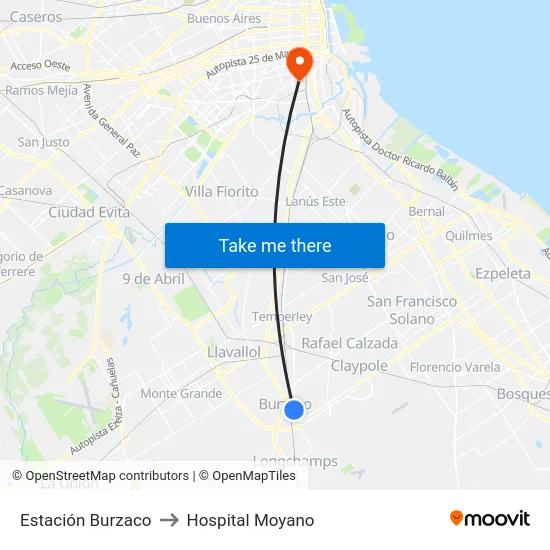 Estación Burzaco to Hospital Moyano map