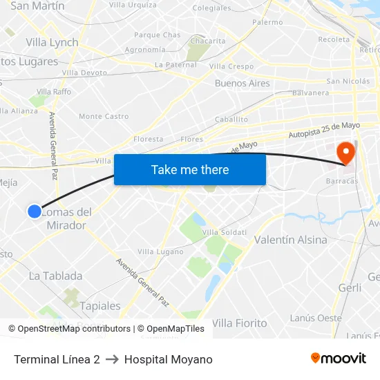 Terminal Línea 2 to Hospital Moyano map