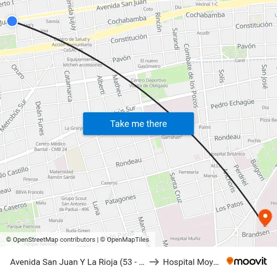 Avenida San Juan Y La Rioja (53 - 126) to Hospital Moyano map
