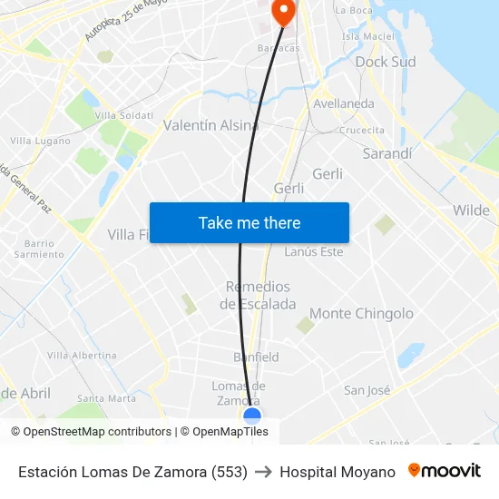 Estación Lomas De Zamora (553) to Hospital Moyano map