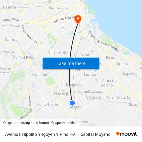 Avenida Hipólito Yrigoyen Y Pino to Hospital Moyano map