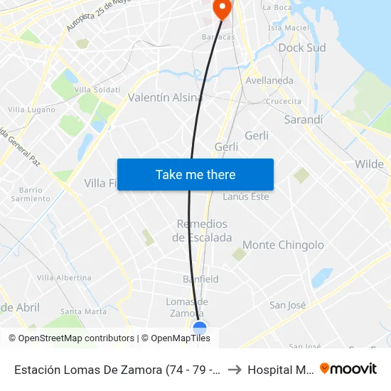 Estación Lomas De Zamora (74 - 79 - 160 - 278 - 323) to Hospital Moyano map