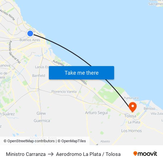 Ministro Carranza to Aerodromo La Plata / Tolosa map