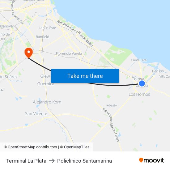 Terminal La Plata to Policlínico Santamarina map