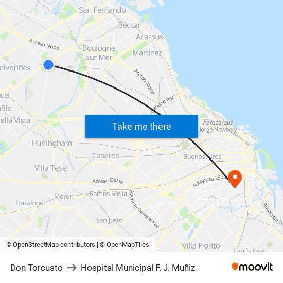 Don Torcuato to Hospital Municipal F. J. Muñiz map