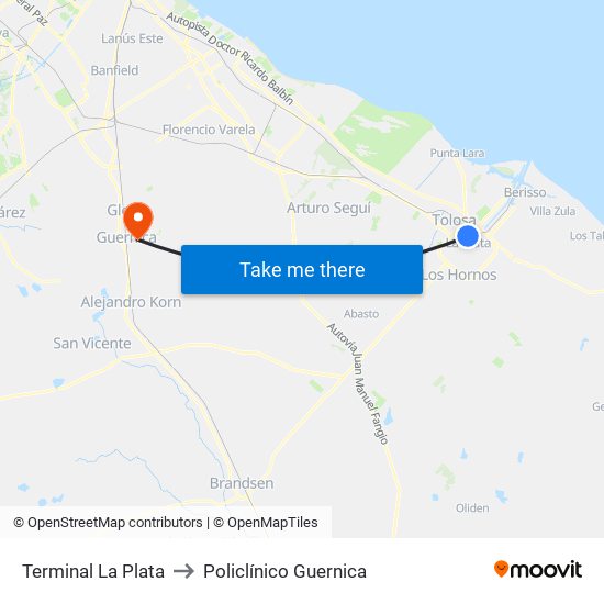 Terminal La Plata to Policlínico Guernica map