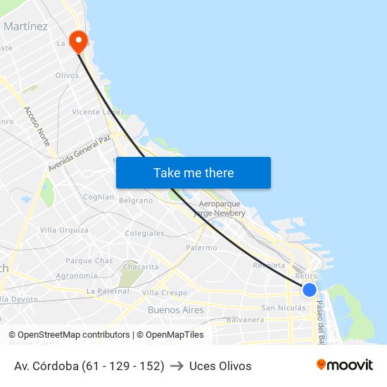 Av. Córdoba (61 - 129 - 152) to Uces Olivos map