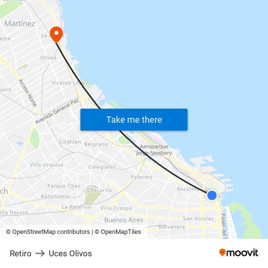 Retiro to Uces Olivos map