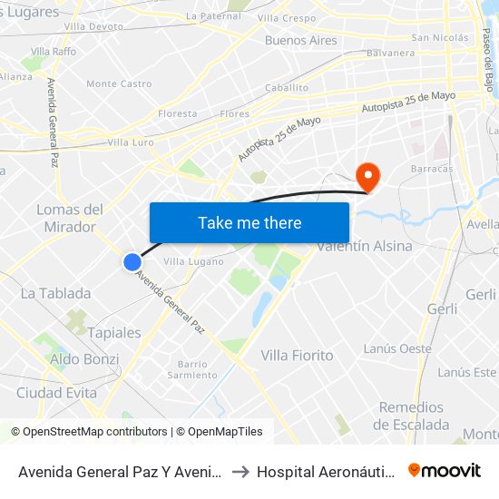 Avenida General Paz Y Avenida Eva Perón to Hospital Aeronáutico Central map