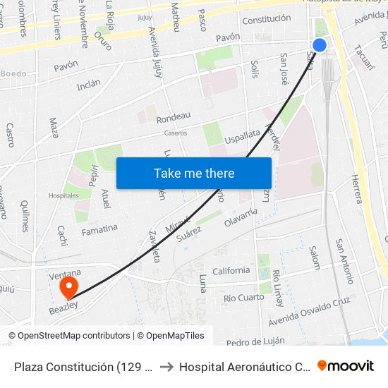 Plaza Constitución (129 - 195) to Hospital Aeronáutico Central map