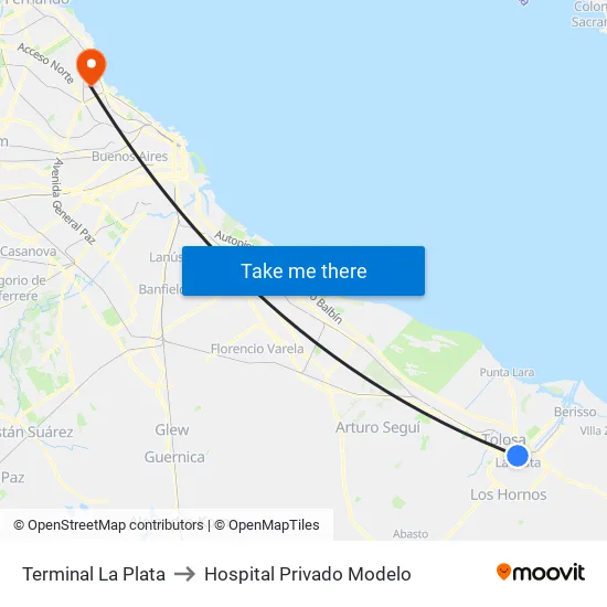Terminal La Plata to Hospital Privado Modelo map