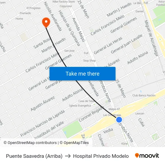 Puente Saavedra (Arriba) to Hospital Privado Modelo map