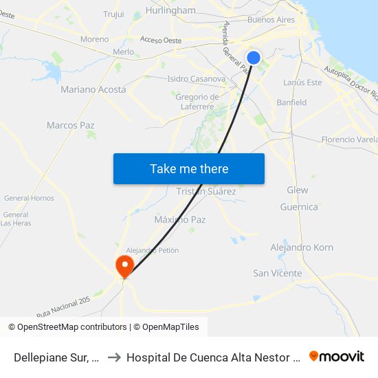 Dellepiane Sur, 4400 to Hospital De Cuenca Alta Nestor Kirchner map