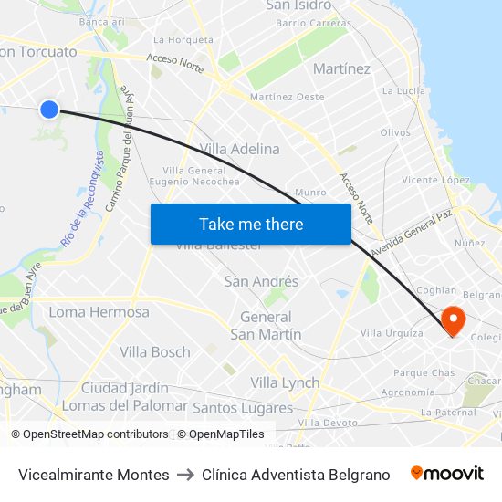 Vicealmirante Montes to Clínica Adventista Belgrano map