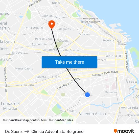 Dr. Sáenz to Clínica Adventista Belgrano map