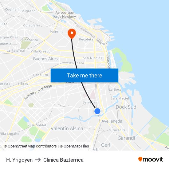 H. Yrigoyen to Clinica Bazterrica map