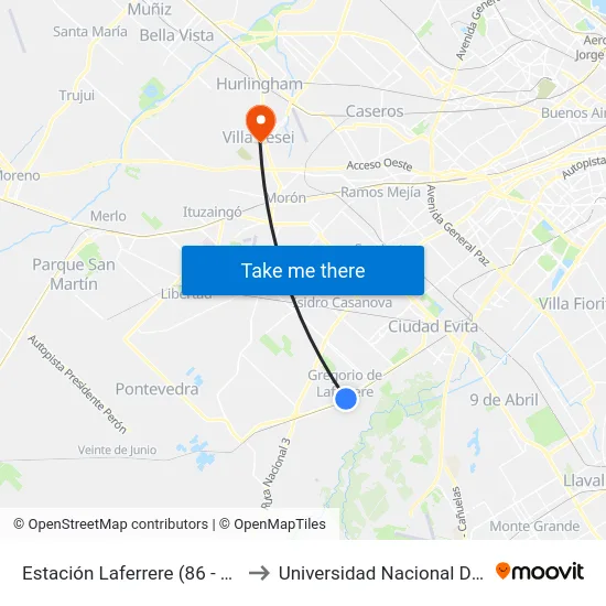 Estación Laferrere (86 - 96 - 193 - 621) to Universidad Nacional De Hurlingham map