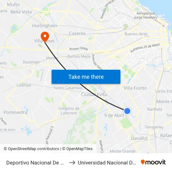 Deportivo Nacional De Villa Albertina to Universidad Nacional De Hurlingham map