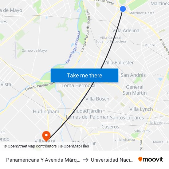 Panamericana Y Avenida Márquez (21 - 60 - 130 - 203 - 371) to Universidad Nacional De Hurlingham map