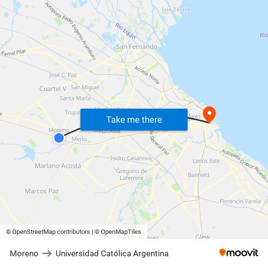 Moreno to Universidad Católica Argentina map