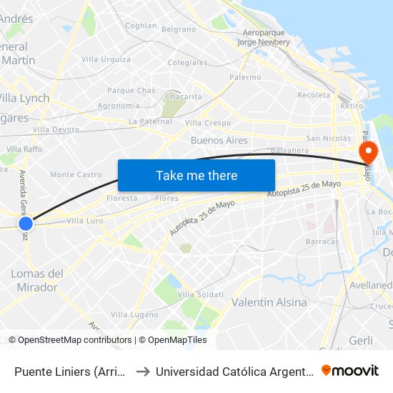 Puente Liniers (Arriba) to Universidad Católica Argentina map