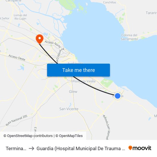 Terminal La Plata to Guardia (Hospital Municipal De Trauma Y Emergencias Dr. Federico Abete) map