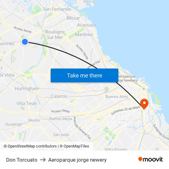 Don Torcuato to Aeroparque jorge newery map