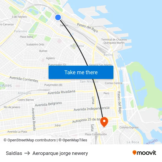 Saldías to Aeroparque jorge newery map