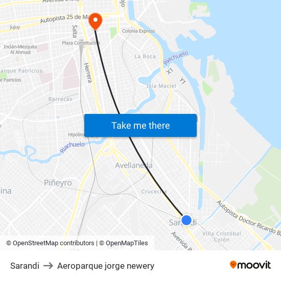 Sarandi to Aeroparque jorge newery map