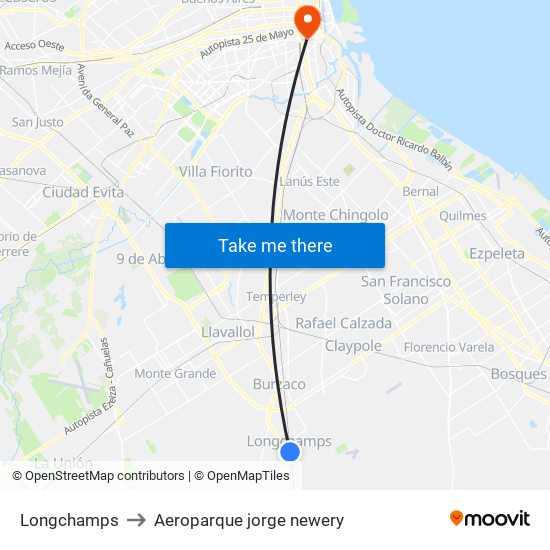 Longchamps to Aeroparque jorge newery map