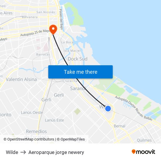 Wilde to Aeroparque jorge newery map