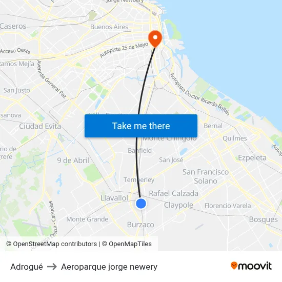 Adrogué to Aeroparque jorge newery map