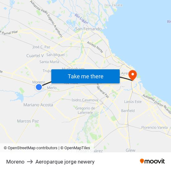 Moreno to Aeroparque jorge newery map