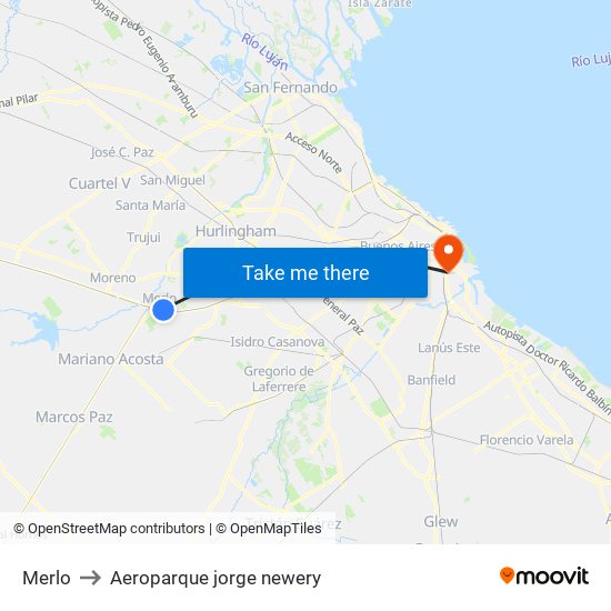 Merlo to Aeroparque jorge newery map