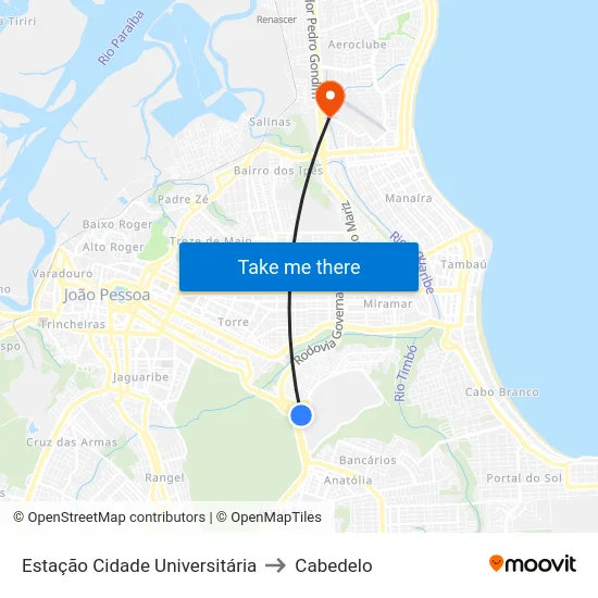 Estação Cidade Universitária to Cabedelo map