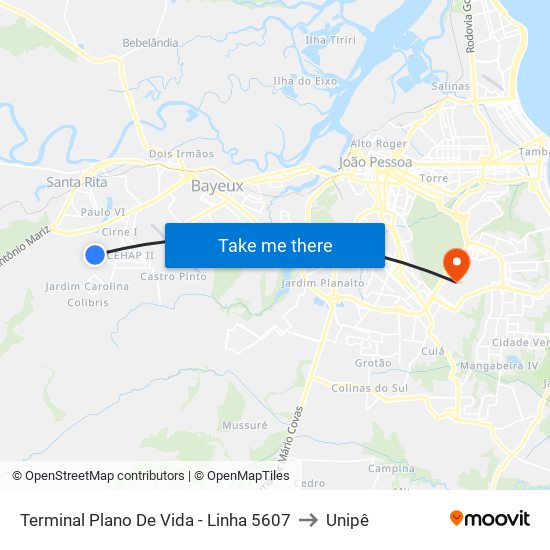 Terminal Plano De Vida - Linha 5607 to Unipê map