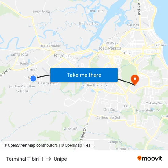 Terminal Tibiri II to Unipê map