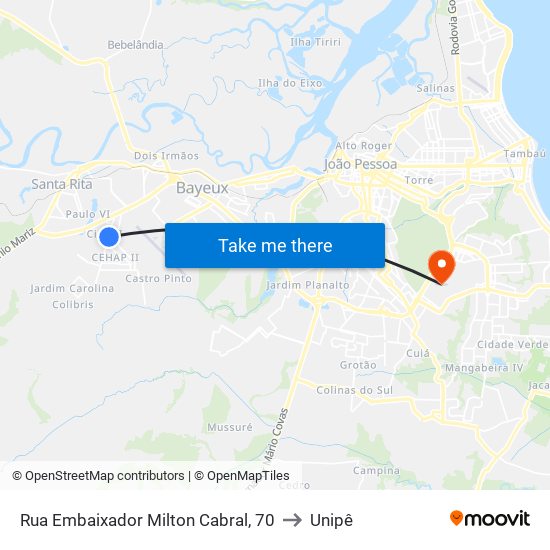 Rua Embaixador Milton Cabral, 70 to Unipê map