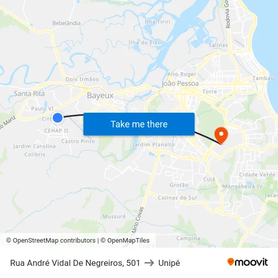 Rua André Vidal De Negreiros, 501 to Unipê map