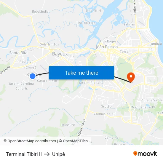 Terminal Tibiri II to Unipê map