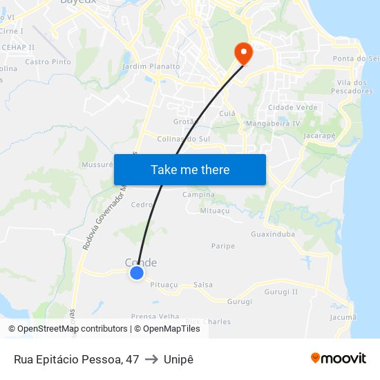Rua Epitácio Pessoa, 47 to Unipê map