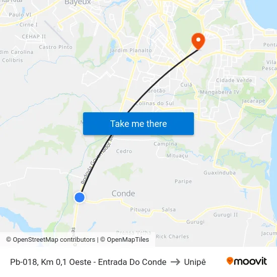 Pb-018, Km 0,1 Oeste - Entrada Do Conde to Unipê map