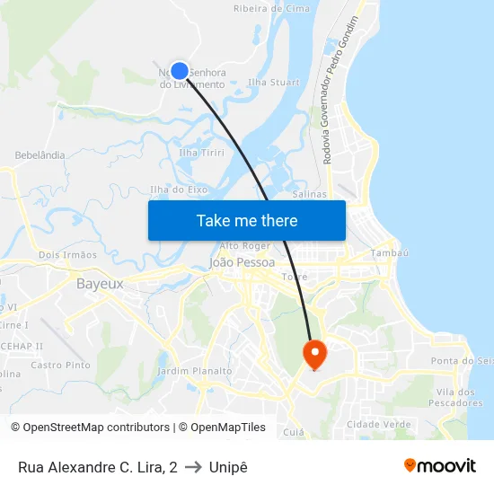 Rua Alexandre C. Lira, 2 to Unipê map