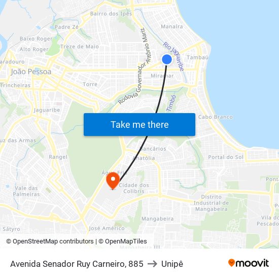 Avenida Senador Ruy Carneiro, 885 to Unipê map